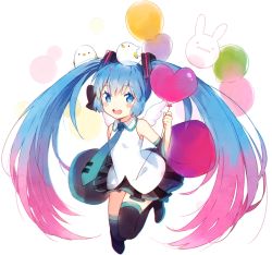 Rule 34 | 1girl, :d, animal, animal on head, balloon, bird, bird on head, black footwear, black skirt, black thighhighs, blue eyes, blue hair, blue necktie, blush stickers, boots, collared shirt, detached sleeves, gradient hair, hair ornament, hakusai (tiahszld), hatsune miku, heart, heart balloon, holding, holding balloon, long hair, long sleeves, multicolored hair, necktie, on head, open mouth, pink hair, pleated skirt, shirt, skirt, sleeveless, sleeveless shirt, smile, solo, teeth, thigh boots, thighhighs, twintails, upper teeth only, very long hair, vocaloid, white background, white shirt, wide sleeves