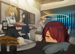 Rule 34 | + +, 4girls, :/, absurdres, animal ears, arknights, black hair, black legwear, black shirt, black skirt, blonde hair, blurry, blurry background, blurry foreground, bowl, cat ears, coffee maker, coffee mug, croissant (arknights), cup, depth of field, expressionless, exusiai (arknights), food, grey jacket, hair between eyes, hair over one eye, halo, highres, holding, holding tray, horns, ice cream, indoors, jacket, kitchen, light smile, lodbyy, long hair, looking at another, looking away, looking back, looking down, mug, multiple girls, open mouth, orange eyes, orange hair, oven mitts, peeking, pie, pie slice, plate, red eyes, red hair, shirt, short hair, shorts, skirt, sleeves past elbows, sora (arknights), tail, texas (arknights), tray, twintails, untucked shirt, very long hair, white shirt, white shorts, window, wolf ears, wolf tail