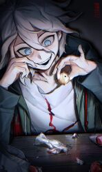 Rule 34 | 1boy, :d, absurdres, blue eyes, candy wrapper, crazy eyes, crazy smile, danganronpa (series), danganronpa 2: goodbye despair, gradient background, green jacket, grey hair, hair between eyes, hands up, highres, holding, jacket, komaeda nagito, male focus, mbdtz, messy hair, open clothes, open jacket, open mouth, print shirt, shirt, smile, solo, teeth, white shirt