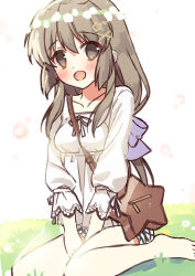 Rule 34 | 1girl, bag, barefoot, brown hair, casual, clannad, collarbone, commentary request, grass, grey eyes, haruchimo, highres, ibuki fuuko, looking at viewer, shirt, sidelocks, sitting, smile, solo, star (symbol), v arms, wariza, white shirt