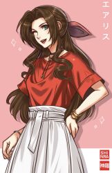 Rule 34 | 1girl, aerith gainsborough, alternate costume, bangle, bracelet, breasts, brown hair, casual, character name, choker, cowboy shot, final fantasy, final fantasy vii, final fantasy vii remake, flower choker, green eyes, hair ribbon, hand on own hip, highres, jewelry, light blush, long hair, long skirt, lukrevadraws, medium breasts, one eye closed, open mouth, parted bangs, pink background, pink lips, pink ribbon, ponytail, red shirt, ribbon, shirt, short sleeves, sidelocks, skirt, smile, solo, sparkle, wavy hair, white skirt