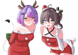 Rule 34 | bare shoulders, blue eyes, blush, breasts, brown hair, demon tail, fake horns, gloves, hair ornament, highres, hololive, horns, iris angel12xii, looking at viewer, medium breasts, natsuiro matsuri, navel, open mouth, purple hair, shirt, short hair, simple background, smile, tail, tail ornament, thighhighs, thighs, tokoyami towa, virtual youtuber