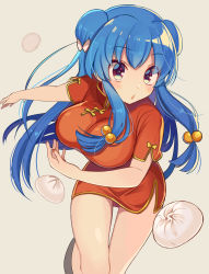 Rule 34 | 1girl, :o, baozi, bare legs, black footwear, blue hair, blush, bow, breasts, china dress, chinese clothes, double bun, dress, dropping, eyebrows, female focus, food, hair bobbles, hair bow, hair bun, hair ornament, large breasts, long hair, long twintails, looking at viewer, nail polish, ranma 1/2, red dress, red eyes, red nails, shampoo (ranma 1/2), shigure ui, shoes, short dress, short sleeves, side slit, sidelocks, simple background, solo, thigh gap, twintails, upper body, white bow