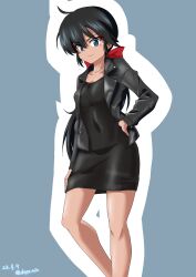 Rule 34 | 1girl, absurdres, black dress, black eyes, black hair, black jacket, bow, casual, closed mouth, commentary request, dark-skinned female, dark skin, dated, dress, drops mint, girls und panzer, grey background, hair bow, hand on own hip, highres, jacket, leather, leather jacket, long hair, looking at viewer, ogin (girls und panzer), outline, partial commentary, pencil dress, ponytail, red bow, short dress, smile, solo, standing, twitter username, white outline