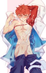 Rule 34 | 1boy, abs, arms up, blush, clothes pull, cum, cum on body, cum on male, cum on pectorals, facial, fate/grand order, fate (series), from above, haori, haori removed, igote, inaho178, japanese clothes, knee up, lying, magic circuit, male focus, on back, pants, pants pull, pectorals, red hair, senji muramasa (fate), single bare shoulder, solo, toned, toned male, topless male, yellow eyes