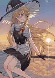 Rule 34 | 1girl, above clouds, absurdres, apron, arm support, black gloves, black hat, black skirt, black vest, blonde hair, blush, bow, braid, broom, broom riding, buttons, cloud, commentary, feet out of frame, fingerless gloves, fingernails, floating hair, frilled skirt, frills, gloves, grin, hair between eyes, hair bow, hat, hat bow, highres, kirisame marisa, knees together feet apart, long hair, looking afar, max-k, moon, parted lips, puffy short sleeves, puffy sleeves, red bow, shirt, short sleeves, single braid, skirt, skirt set, sky, smile, solo, sun, sunlight, sunrise, teeth, touhou, very long hair, vest, waist apron, white apron, white bow, white shirt, witch hat, yellow eyes