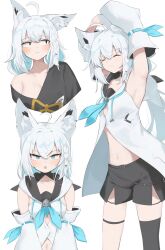 Rule 34 | 1girl, ahoge, animal ear fluff, animal ears, aqua eyes, armpits, arms up, bare shoulders, blush, braid, breasts, cleavage, closed eyes, collarbone, detached sleeves, earrings, fox ears, fox girl, fox tail, hair between eyes, highres, hololive, jewelry, long hair, low-tied long hair, medium breasts, navel, neckerchief, open mouth, oversized clothes, shino2121, shirakami fubuki, shirt, shorts, single braid, single thighhigh, sleeveless, small breasts, solo, t-shirt, tail, thigh strap, thighhighs, virtual youtuber, white background, white hair, wide sleeves
