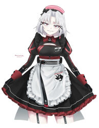 Rule 34 | 1girl, absurdres, alternate costume, apron, black bow, bow, breasts, cleavage cutout, clothing cutout, commentary, corset, cowboy shot, dated, drake (maid for villain) (nikke), drake (nikke), enmaided, eyeshadow, frilled apron, frilled skirt, frills, garter straps, goddess of victory: nikke, grey hair, grin, hair bow, hair ornament, hairclip, head tilt, highres, juliet sleeves, long sleeves, looking at viewer, maid, maid apron, maid headdress, makeup, name tag, nikumanman, official alternate costume, parted bangs, puffy sleeves, red eyes, red eyeshadow, short hair, simple background, skirt, skirt hold, small breasts, smile, smirk, solo, standing, twitter username, underbust, white background, wing collar, wrist cuffs
