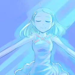 Rule 34 | 1girl, ahoge, bare arms, bare shoulders, blue dress, blue theme, blush, breasts, closed mouth, dress, closed eyes, frilled dress, frills, from above, ikeda jun (mizutamari), long hair, lying, medium breasts, on back, original, outstretched arms, sleeveless, sleeveless dress, smile, solo, upper body