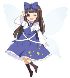 Rule 34 | 1girl, blue bow, blue dress, blue ribbon, blunt bangs, blush, boots, bow, brown eyes, brown hair, commentary request, crys (dai), dress, fairy, fairy wings, flat chest, frilled shirt collar, frills, full body, hair bow, hand up, highres, juliet sleeves, long hair, long sleeves, looking at viewer, one eye closed, open mouth, puffy long sleeves, puffy sleeves, revision, ribbon, simple background, smile, solo, star (symbol), star print, star sapphire, touhou, white background, wings