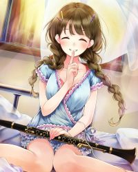 Rule 34 | 1girl, absurdres, bed sheet, braid, collarbone, closed eyes, finger to mouth, floating hair, grin, hair over shoulder, highres, index finger raised, indoors, instrument, knees together feet apart, lens flare, long hair, open window, school fanfare, short sleeves, sitting, smile, solo, twin braids, very long hair, wariza, window