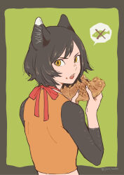 Rule 34 | 1girl, animal ears, bare shoulders, black hair, body fur, cat ears, cat girl, cat tail, crop top, dungeon meshi, eating, fang, fish, food, food bite, food on face, from behind, green background, hands up, highres, holding, holding food, izutsumi, jack (haist), looking at viewer, looking back, midriff, open mouth, outside border, red ribbon, ribbon, rounded corners, short hair, sleeveless, solo, spoken animal, tail, taiyaki, twitter username, wagashi, yellow eyes
