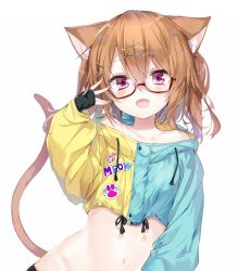 Rule 34 | 1girl, :d, animal ears, bare shoulders, brown hair, cat ears, cat girl, cat tail, collarbone, crop top, drawstring, emia (castilla), fangs, fingerless gloves, glasses, gloves, hair ornament, hairclip, hand up, highres, long hair, long sleeves, looking at viewer, midriff, navel, off-shoulder shirt, off shoulder, open mouth, original, pink eyes, red-framed eyewear, semi-rimless eyewear, shirt, simple background, smile, solo, stomach, tail, tail raised, twintails, upper body, white background, x hair ornament