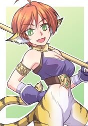 Rule 34 | 1girl, animal ears, breasts, breath of fire, breath of fire ii, bustier, capcom, cat ears, cat tail, cleavage, gloves, green eyes, kojiroupict, looking at viewer, medium breasts, open mouth, pointy ears, red hair, rinpoo chuan, short hair, smile, solo, staff, tail