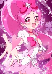 1girl blush bow bowtie brooch choker cure_blossom dress earrings floral_background flower_earrings hair_bow hanasaki_tsubomi heart heart_brooch heartcatch_precure! high_ponytail jewelry long_hair magical_girl ohatsu_(poporuruprepre) open_mouth pink_bow pink_bowtie pink_choker pink_dress pink_eyes pink_hair precure puffy_short_sleeves puffy_sleeves short_sleeves smile solo wrist_cuffs