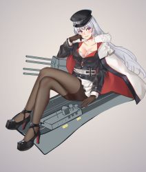 Rule 34 | 1girl, arm at side, azur lane, black footwear, black hat, black jacket, blush, breasts, brown gloves, brown pantyhose, cape, cleavage, closed mouth, collarbone, cross, crossed legs, full body, fur-trimmed cape, fur trim, gloves, graf zeppelin (azur lane), grey background, hand on own face, hand up, hat, high heels, iron cross, jacket, knees up, large breasts, lips, long hair, long sleeves, looking at viewer, miniskirt, muko (kokia38), pantyhose, pink eyes, silver hair, skirt, smile, solo, straight hair, turret, very long hair, white cape, white skirt