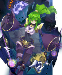Rule 34 | 1girl, absurdres, armor, belt, breasts, collar, cyborg, doll joints, dragon, duel monster, el shaddoll winda, green eyes, green hair, highres, holding, holding staff, joints, long sleeves, metal collar, multicolored eyes, open mouth, parted lips, pulao wind of the yang zing, red eyes, sharp teeth, shoulder armor, small breasts, staff, surphase, teeth, wide sleeves, winda (yu-gi-oh!), yellow eyes, yu-gi-oh!