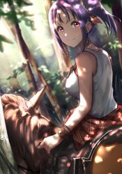 Rule 34 | 1girl, blurry, blurry background, bracelet, brown feathers, closed mouth, day, feather hair ornament, feathers, forest, feather hair ornament, highres, horse, jewelry, kazuno sarah, looking at viewer, looking back, love live!, love live! sunshine!!, medium hair, nature, necklace, otsumami (otsu-mugi), outdoors, pink eyes, purple hair, redrop, riding, shirt, side ponytail, sleeveless, sleeveless shirt, smile, solo, white shirt