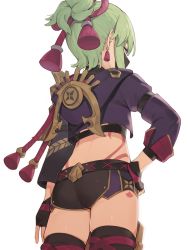 Rule 34 | 1girl, ass, black gloves, black shorts, black thighhighs, commentary request, cropped jacket, earrings, fingerless gloves, flat ass, from behind, genshin impact, gloves, green hair, hand on own hip, highres, hood, hood down, hooded jacket, jacket, jewelry, kuki shinobu, long sleeves, looking away, mask, midriff, mouth mask, purple jacket, red eyes, seramikku, short shorts, shorts, simple background, solo, thighhighs, white background