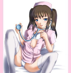 Rule 34 | 1girl, blue eyes, bra, breasts, brown hair, c-wing, female focus, hat, legs, lingerie, nurse, nurse cap, open clothes, open shirt, panties, shirt, sitting, solo, spread legs, stethoscope, thighhighs, twintails, underwear, white background, white panties
