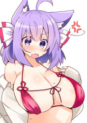 Rule 34 | 1girl, animal ears, bikini, blush, bow, breasts, cat ears, cat girl, cleavage, collarbone, grey shirt, hair bow, highres, hololive, large breasts, long sleeves, looking at viewer, micro bikini, nekomata okayu, open clothes, open mouth, open shirt, purple eyes, purple hair, red bikini, removing shirt, shirt, short hair, sirogane, sleeves past wrists, standing, sweat, swimsuit, undressing, upper body, virtual youtuber, white background