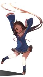 Rule 34 | 1girl, ;d, arms up, bad id, bad pixiv id, black socks, blue shirt, bow, brown eyes, brown footwear, brown hair, dutch angle, fang, floating hair, full body, grey skirt, hair bow, highres, idemitsu, loafers, long hair, looking at viewer, low ponytail, mikakunin de shinkoukei, mitsumine mashiro, one eye closed, open mouth, pleated skirt, school uniform, serafuku, shadow, shirt, shoes, skirt, sleeves past wrists, smile, socks, solo, standing, standing on one leg, very long hair, white background