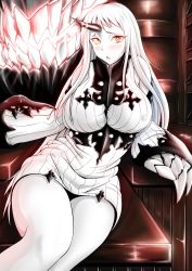 Rule 34 | 10s, 1girl, abyssal ship, breasts, claws, detached sleeves, dress, highres, hiyama izumi (wttdh), hiyamaizumi, horns, kantai collection, large breasts, legs, long hair, monster, open mouth, pale skin, red eyes, ribbed dress, seaport princess, sharp teeth, short dress, single horn, sitting, solo, teeth, white hair