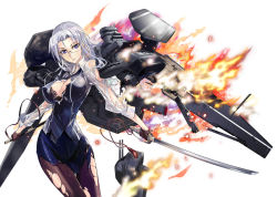 Rule 34 | 1girl, aircraft carrier, battleship girl, black dress, bra, breasts, cleavage, cover, cover page, dress, explosion, fire, glasses, grey hair, hiryuu (battleship girl), katana, lace, lace-trimmed bra, lace trim, large breasts, looking at viewer, mecha musume, military, military vehicle, non-web source, pantyhose, purple eyes, sheath, ship, simple background, sword, torn clothes, torn legwear, underwear, warship, watercraft, weapon, white background, white hair, world war ii, zeco