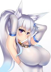 Rule 34 | 1girl, animal ears, arms up, blush, breasts, closed mouth, elbow gloves, fox ears, gloves, grey gloves, hair between eyes, hair ornament, highres, impossible clothes, impossible leotard, kutan, large breasts, leotard, looking at viewer, mizuki (kutan), original, ponytail, sidelocks, smile, solo, turtleneck, white leotard