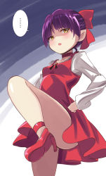 Rule 34 | 1girl, blush, bow, choker, dress, gegege no kitarou, hands on own hips, high heels, highres, legs, nekomusume, nekomusume (gegege no kitarou 6), pointy ears, purple hair, red bow, red dress, red footwear, shirt, solo, white shirt, yellow eyes