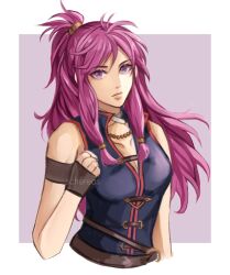 Rule 34 | 1girl, arm strap, bare shoulders, brown gloves, clenched hand, collarbone, commentary, dress, english commentary, fingerless gloves, fire emblem, fire emblem: the sacred stones, gloves, highres, long hair, looking at viewer, marisa (fire emblem), nintendo, pink eyes, pink hair, ponytail, schereas, sidelocks, sleeveless, sleeveless dress, solo, upper body