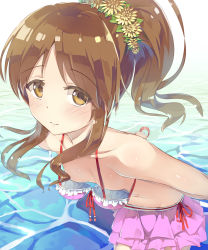 Rule 34 | 10s, 1girl, absurdres, arms behind back, bare shoulders, bikini, bikini skirt, blush, breast slip, breasts, brown eyes, brown hair, censored, censored nipples, convenient censoring, flower, front-tie top, hair bun, hair censor, hair flower, hair ornament, hair over breasts, hair over one breast, highres, idolmaster, idolmaster cinderella girls, leaning forward, long hair, looking at viewer, loose bikini, oversized clothes, parted bangs, ponytail, seneto, single hair bun, small breasts, solo, swimsuit, takamori aiko, wardrobe malfunction, water