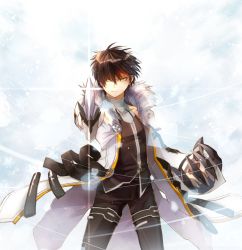 Rule 34 | aiming, aiming at viewer, black hair, black shirt, blade master (elsword), blouse, cloak, cowboy shot, elsword, foreshortening, hair between eyes, highres, legs apart, looking at viewer, male focus, malmaron, mechanical arms, pointing weapon, raven cronwell, scar, serious, shine, shirt, single mechanical arm, sleeveless, sleeveless shirt, solo, sparkle, standing, sword, tagme, v-shaped eyebrows, weapon, yellow eyes