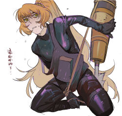 Rule 34 | 1girl, black bodysuit, bodysuit, chinese commentary, chinese text, commentary request, freckles, full body, hand up, harpoon, harpoon gun, highres, holding, long hair, looking at viewer, orange hair, original, parted lips, ponytail, rope, simple background, solo, thigh strap, translation request, very long hair, vest, wet, white background, yellow eyes, yulei yuuuuu