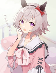 Rule 34 | 1girl, animal ears, barufoa, bed, blurry, blurry background, blush, bow, bowtie, curren chan (umamusume), ear bow, frilled shirt collar, frills, grey hair, hairband, hand up, horse ears, indoors, long sleeves, looking at viewer, open mouth, pink shirt, purple eyes, shirt, short hair, smile, solo, translation request, umamusume, upper body