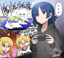 Rule 34 | ..., 4girls, absurdres, ahoge, anger vein, angry, animal, black hoodie, blank eyes, blonde hair, blue hair, bocchi the rock!, brown eyes, collarbone, commentary request, commission, controller, crossover, emphasis lines, expressionless, game controller, gotoh hitori, hair ornament, hair over one eye, hairclip, highres, hood, hoodie, ijichi nijika, ijichi seika, ink, inkling, inkling player character, long hair, long sleeves, mole, mole under eye, multiple girls, nintendo, open mouth, pink shirt, playing games, shaded face, shirt, short hair, siblings, sidelocks, sisters, skeb commission, splat charger (splatoon), splatoon (series), spoken ellipsis, squid, sweatdrop, t-shirt, toriyarou, translation request, white shirt, yamada ryo, yellow eyes