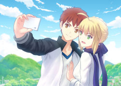 Rule 34 | 1boy, 1girl, :d, ahoge, artoria pendragon (fate), blonde hair, blue eyes, bow, brown eyes, cellphone, emiya shirou, fate/stay night, fate (series), fateline alpha, green eyes, hair bow, highres, jacket, open mouth, phone, red hair, saber (fate), scarf, sidelocks, smartphone, smile