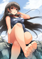Rule 34 | 10s, 1girl, alternate costume, barefoot, black eyes, black hair, blue one-piece swimsuit, blunt bangs, breasts, crossed legs, feet, female focus, foot focus, from below, hair ribbon, isokaze (kancolle), kantai collection, long hair, looking at viewer, medium breasts, one-piece swimsuit, parted lips, ribbon, shaded face, sitting, smile, solo, swimsuit, takase muh, toe scrunch, toes, tress ribbon