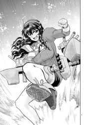 Rule 34 | 10s, 1girl, ankle boots, ashigara (kancolle), boots, cannon, clenched hands, doyagao, fang, greyscale, high heel boots, high heels, kantai collection, knee up, legs, long hair, mecha musume, monochrome, page number, shoe soles, shoe tread, smug, solo, stomping, turret, waves, wavy hair, yagisawa keiichi