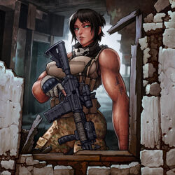 Rule 34 | 1girl, absurdres, ammunition pouch, ar-15, bandana, breasts, broken window, brown hair, commentary, commission, dark skin, english commentary, fingerless gloves, gloves, green eyes, gun, highres, large breasts, muscular, muscular female, original, pouch, rifle, skull, sleeveless, soldier, solo, soulless sketch, tattoo, trigger discipline, weapon