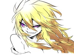 Rule 34 | 1girl, bare shoulders, blonde hair, breasts, commentary request, copyright request, grin, hair between eyes, jin (mugenjin), large breasts, long hair, off shoulder, purple eyes, sharp teeth, simple background, smile, solo, teeth, upper body, white background