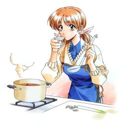 Rule 34 | 1990s (style), 1girl, adachi taeko, apron, brown eyes, brown hair, cooking, cooking pot, freckles, kai tomohisa, ladle, nabe, plate, retro artstyle, sentimental graffiti, solo, spring onion, tasting, tasting plate