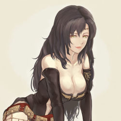 Rule 34 | 1girl, bare shoulders, black hair, breasts, circlet, cleavage, closed mouth, detached sleeves, fire emblem, fire emblem: the blazing blade, large breasts, long hair, looking at viewer, nintendo, nonji (sayglo halo), slit pupils, sonia (fire emblem: the blazing blade), upper body, yellow eyes
