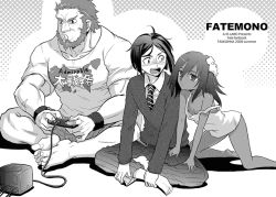 Rule 34 | 1girl, 2boys, assassin (fate/zero), butterfly sitting, child, child assassin (fate/zero), clothes writing, dark skin, fate/stay night, fate/zero, fate (series), greyscale, iskandar (fate), monochrome, multiple boys, no pants, playing games, sitting, strap slip, task owner, waver velvet