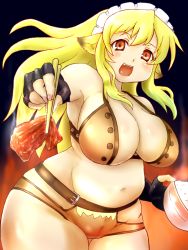 Rule 34 | 1girl, bare shoulders, blonde hair, blush, breasts, cleavage, curvy, fang, goma ponkan, large breasts, long hair, looking at viewer, maid headdress, navel, open mouth, original, phantasy star, phantasy star online 2, plump, red eyes, smile, solo, thick thighs, tongue, wide hips