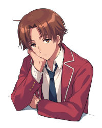 Rule 34 | 1boy, advanced nurturing high school uniform, asada hachi, ayanokouji kiyotaka, banned artist, blazer, blue necktie, brown eyes, brown hair, closed mouth, collared shirt, commentary, hand on own cheek, hand on own face, hand up, highres, jacket, long sleeves, looking at viewer, loose necktie, male focus, necktie, open clothes, open jacket, parted bangs, red jacket, school uniform, shirt, short hair, simple background, solo, twitter username, upper body, watermark, white background, white shirt, youkoso jitsuryoku shijou shugi no kyoushitsu e