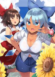 Rule 34 | + +, 2girls, aged up, alternate breast size, alternate costume, armpit peek, ascot, bare arms, blue bow, blue eyes, blue hair, blush, bow, breasts, brown eyes, brown hair, cirno, cleavage, collarbone, cowboy shot, day, fang, field, flower, flower field, hair bow, hakurei reimu, hand on own hip, hand up, hip vent, ice, ice wings, large breasts, leaning forward, looking at another, looking at viewer, multiple girls, open mouth, outdoors, plant, shin (new), shirt, short hair, short sleeves, skirt, skirt set, sleeveless, smile, standing, sunflower, sunflower field, tan, tanned cirno, touhou, v, vines, wings