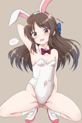 Rule 34 | 1girl, animal ears, arm behind back, arm behind head, armpits, blue bow, blush, bow, bowtie, breasts, brown background, brown eyes, brown hair, commentary request, covered navel, detached collar, embarrassed, fake animal ears, gluteal fold, groin, hair bow, highleg, highleg leotard, highres, idolmaster, idolmaster cinderella girls, leotard, long hair, looking at viewer, open mouth, playboy bunny, rabbit ears, red bow, red bowtie, shoes, sidelocks, small breasts, socks, solo, spoken blush, squatting, tachibana arisu, tamayan, teeth, thighs, twitter username, upper teeth only, uwabaki, wavy mouth, white footwear, white leotard, white socks