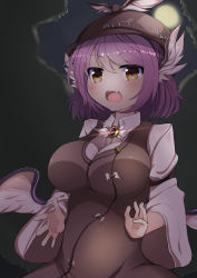 Rule 34 | 1girl, absurdres, animal ears, bird wings, blush, breasts, brooch, d:, dress, dress shirt, fang, female focus, head wings, highres, impossible clothes, jewelry, large breasts, moon, mystia lorelei, open mouth, purple hair, shirt, solo, takimoto yukari, touhou, winged hat, wings, yellow eyes