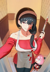 Rule 34 | 1girl, absurdres, adapted costume, alternate breast size, alternate costume, ambiguous red liquid, anya (spy x family), apron, bare shoulders, black hair, breasts, child, cokeanut10, denim, dress, green eyes, highres, holding, holding weapon, jeans, knife, large breasts, long hair, official alternate costume, open mouth, pants, pantyhose, pink hair, red eyes, red sweater, smile, spy x family, standing, sweater, weapon, wide-eyed, yor briar